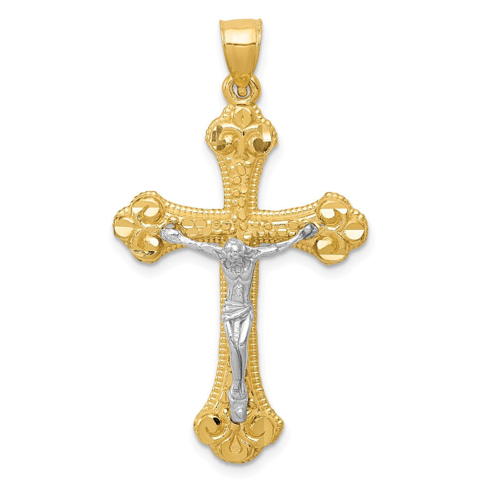 14k Two-tone Diamond-cut Budded Crucifix Pendant