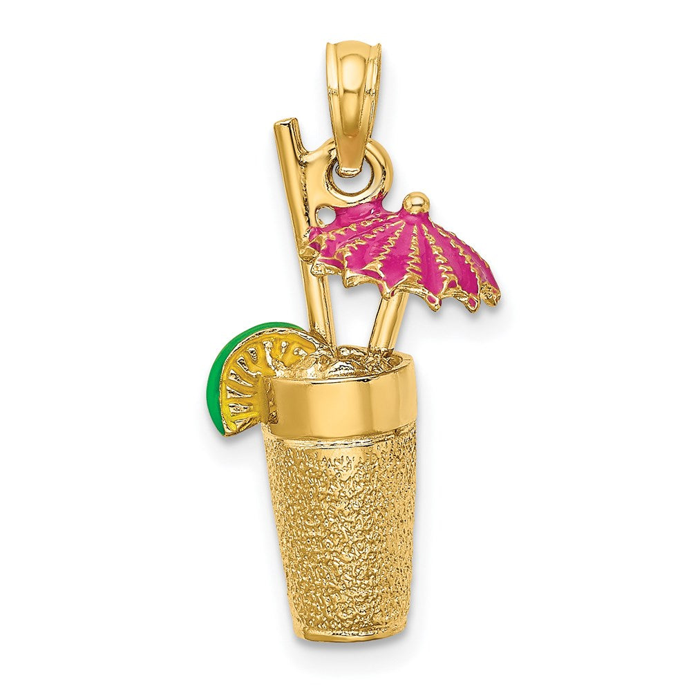 14K 3-D Cocktail Drink w/Fuschia Enamel Umbrella and Lime Charm