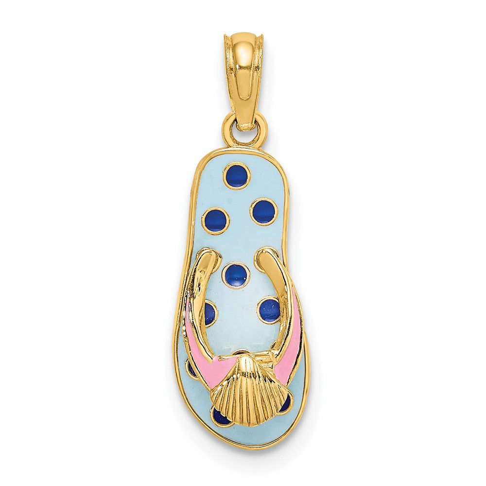 14K 3D Enamel Shell On Blue Polka-Dot Flip-Flop Charm