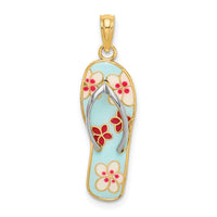 Load image into Gallery viewer, 14K w/Rhodium 3D Enamel Fuschia and White Flowers On Aqua Flip-Flop Charm
