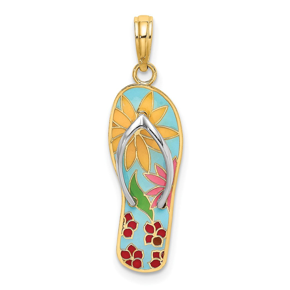 14K and Rhodium Multi-Colored 3D Enamel Fuschia Flowers On Flip-Flop Charm