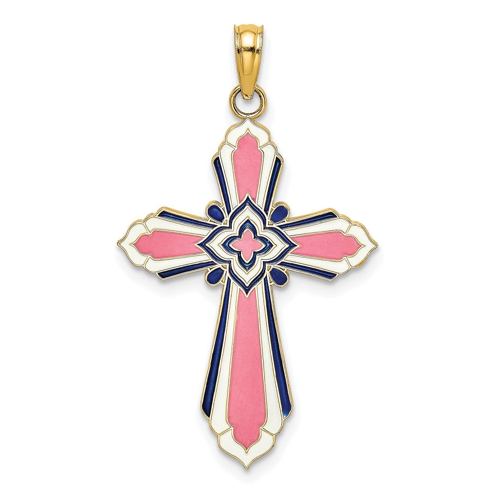 14K 3-D W/ Pink and White Enamel Cross Charm