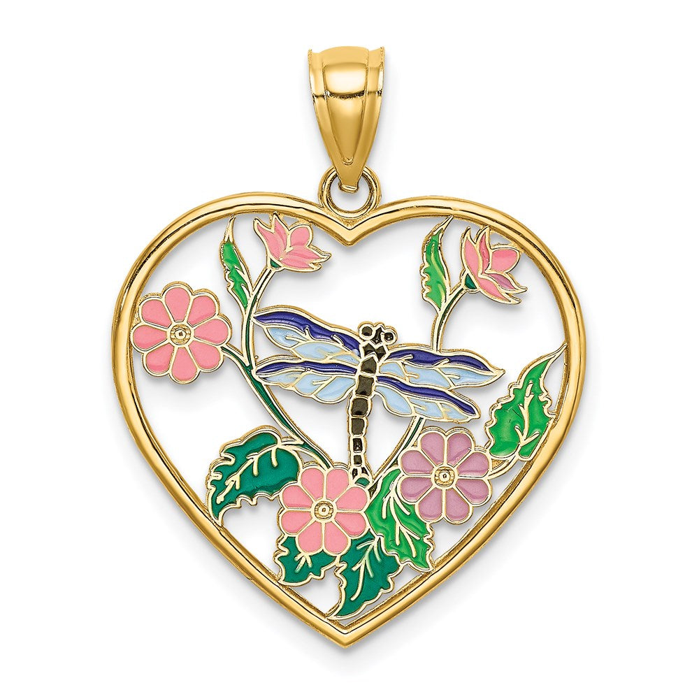 14K Enamel Dragonfly and Flower in Heart Charm