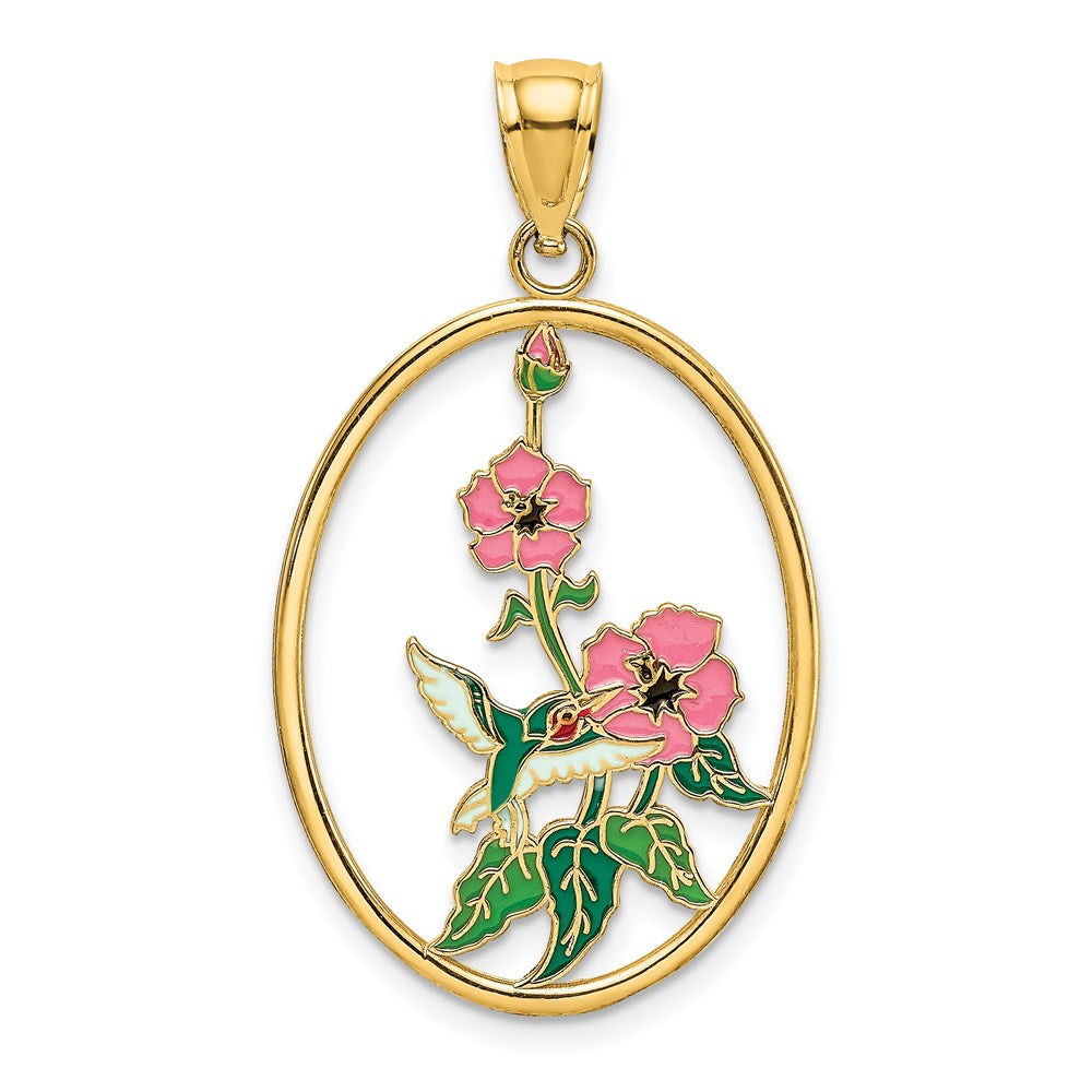 14K w/ Enamel Hummingbird and Flowers In Oval Frame Charm