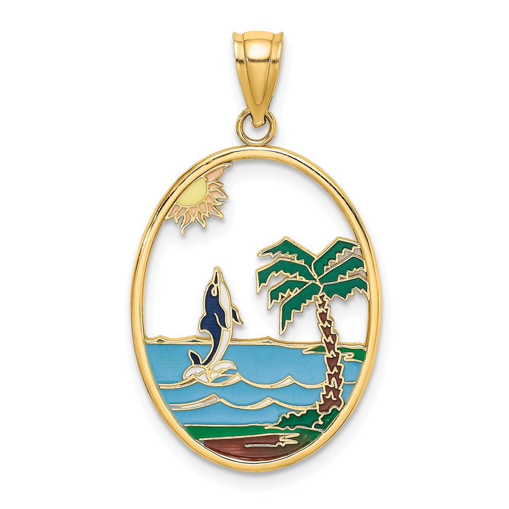 14K Enamel Dolphin Jumping In Beach Scene Charm