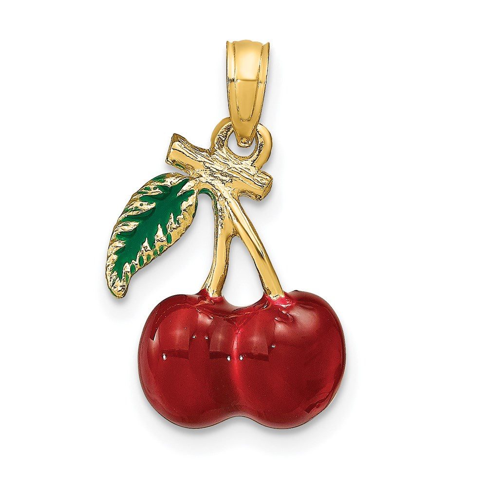 14K 3-D Enamel Cherries W/ Leaf Charm