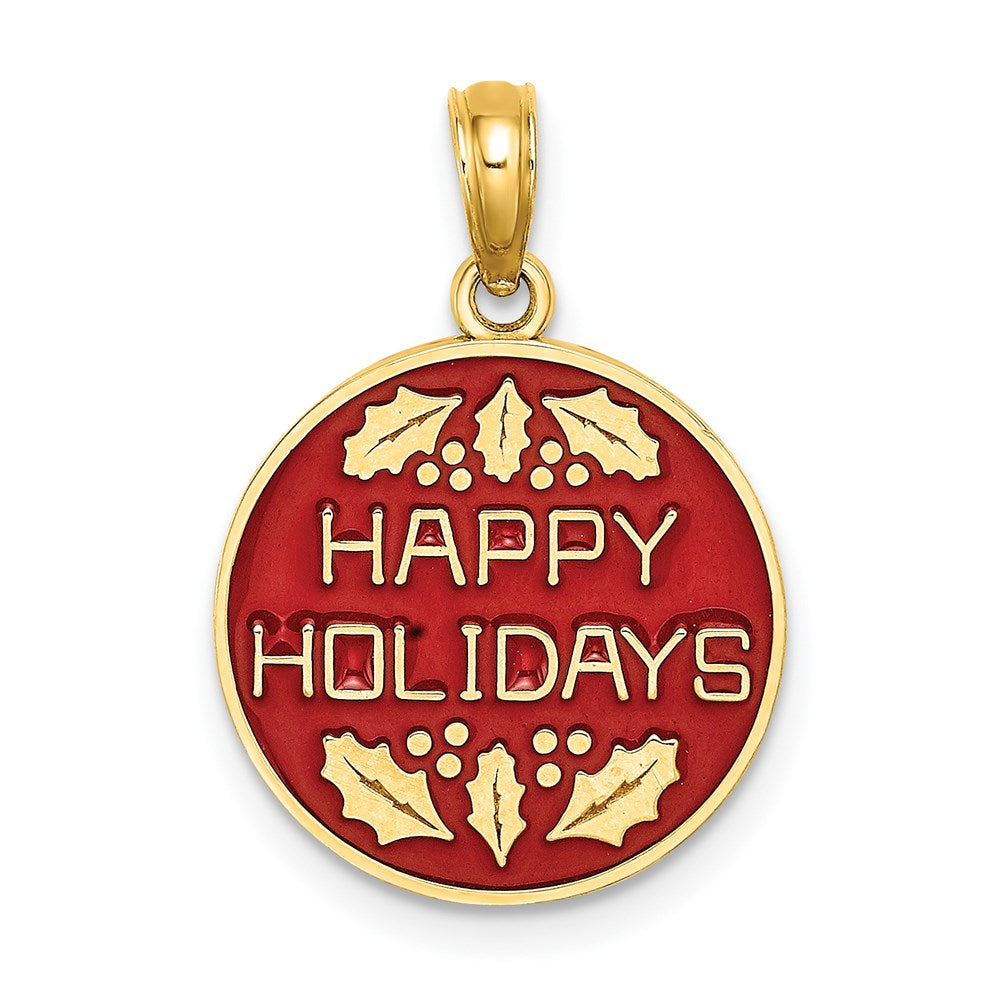 14K w/ Enamel HAPPY HOLIDAYS w/ Holly On Round Disc Charm