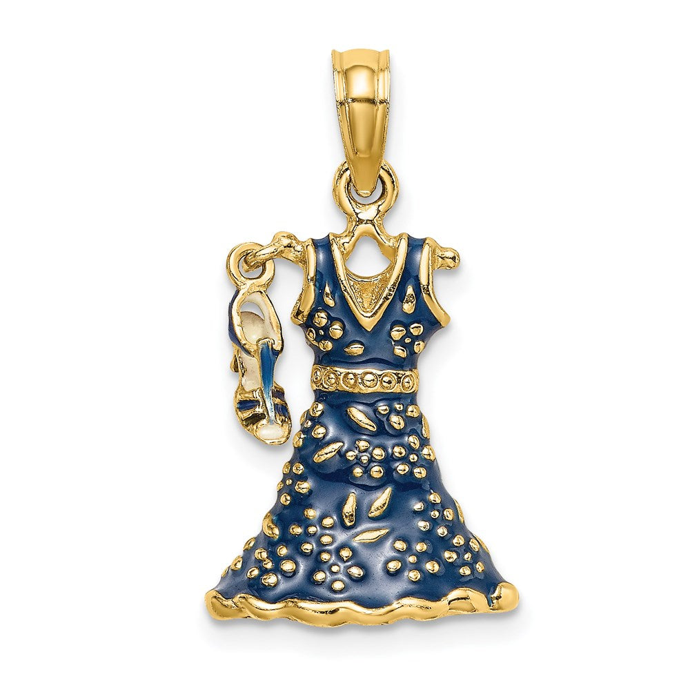 14K 3-D Moveable Enamel Blue Floral Dress w/ Shoe Charm