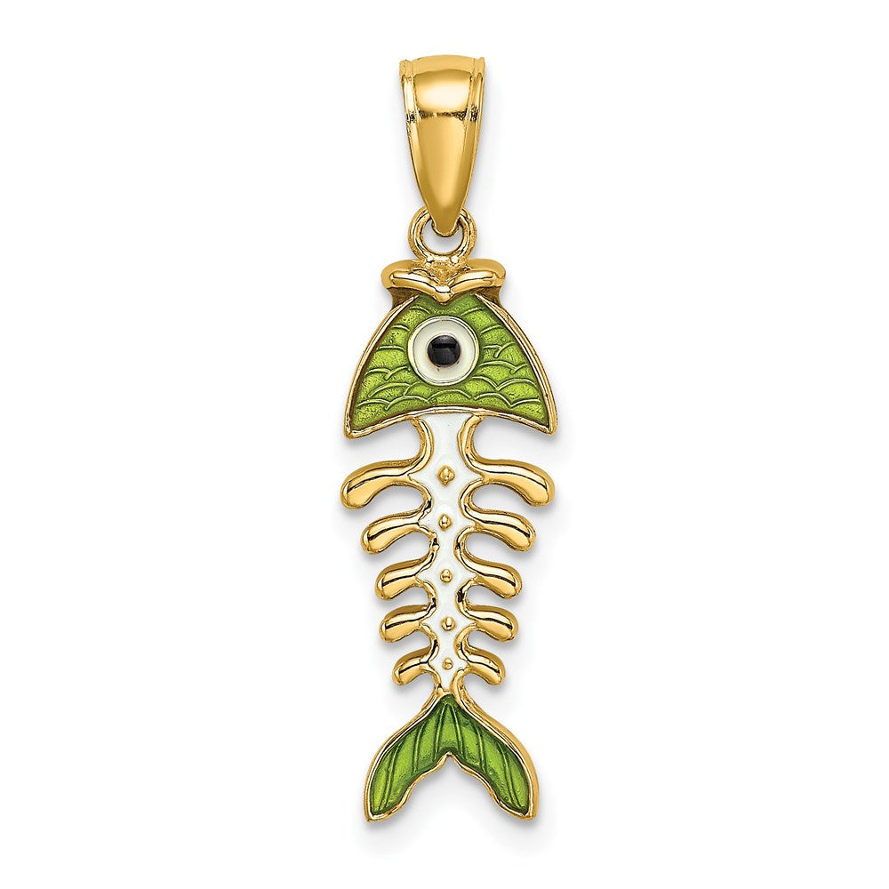 14k 3D  Green Enamel Fish Bone Charm