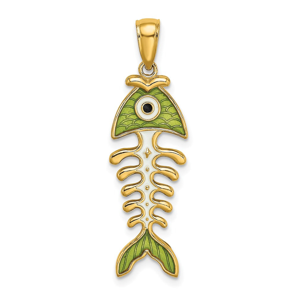 14k 3D  Green Enamel Fish Bone Charm