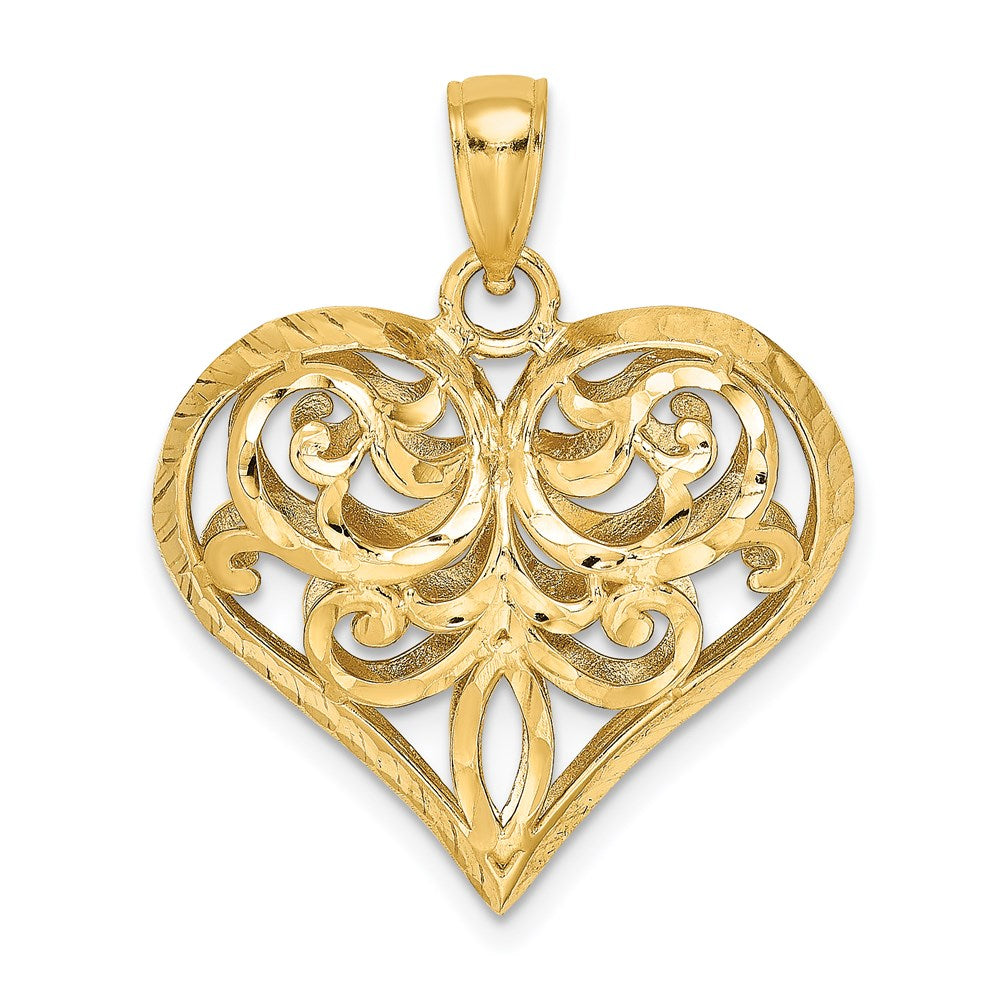 14K 3-D Diamond-cut Filigree Puffed Heart Charm