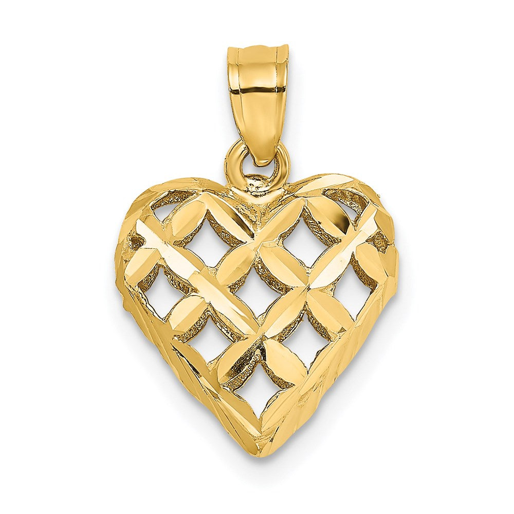 14K 3-D Diamond-cut Filigree Puffed Heart Charm