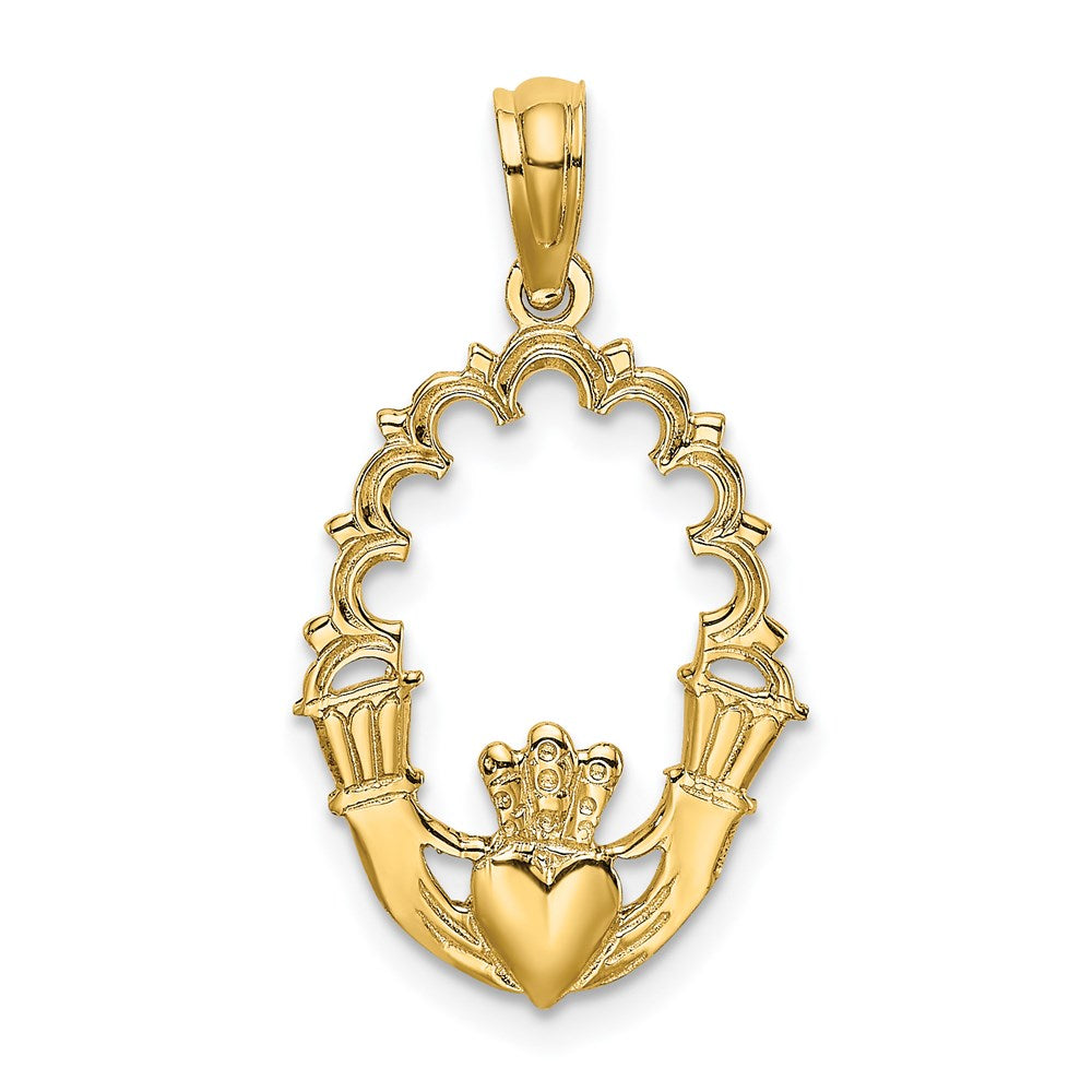 14K Engraved Claddagh In Oval w/ Lace Trim Charm