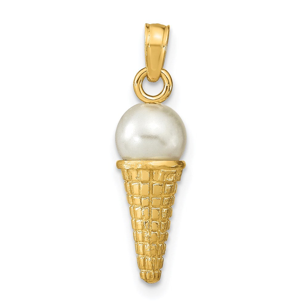 14K Satin Polished 3D  White Bead Ice Cream Cone Pendant