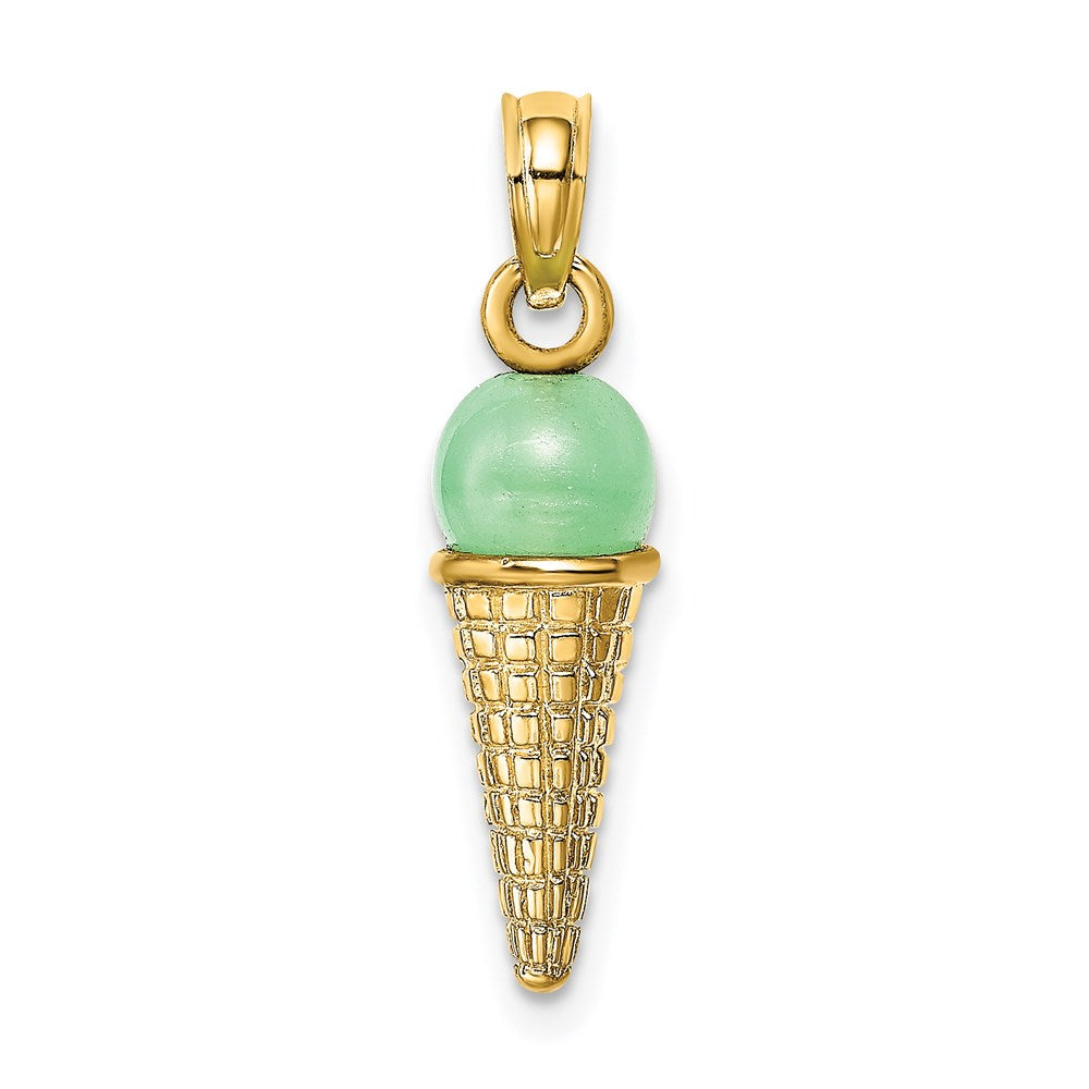 14K Satin Polished 3D  Green Bead Ice Cream Cone Pendant