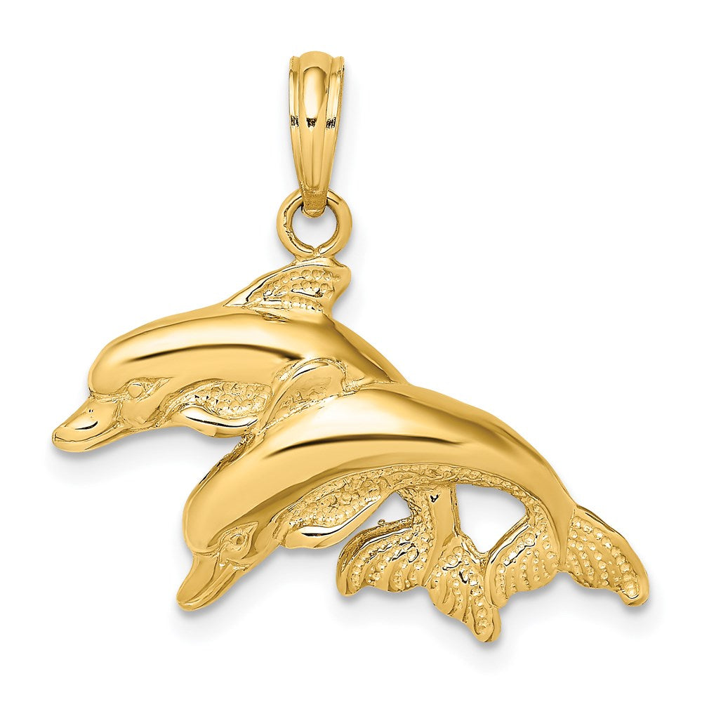 14K 2-D Polished /Engraved Double Dolphins Charm