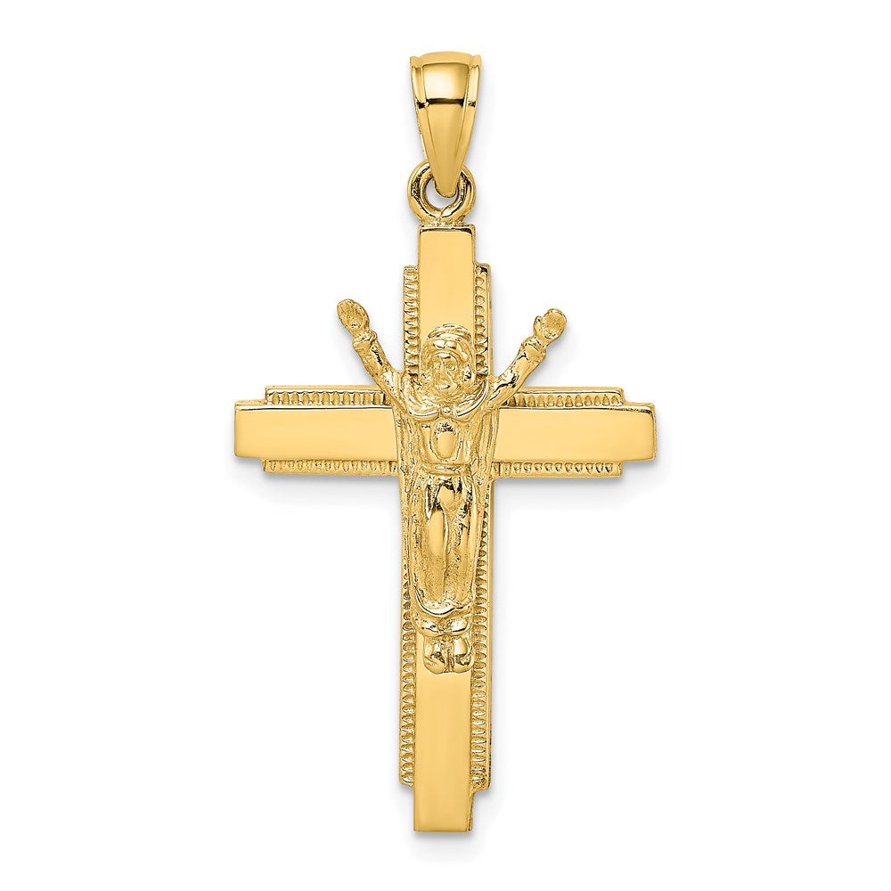 14K Polished w/ Beaded Edge Crucifix Charm