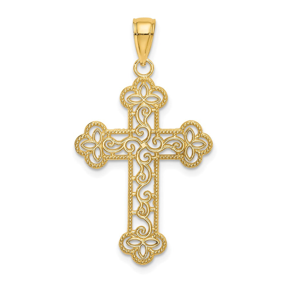 14K Textured and Beaded Edge Cross Charm