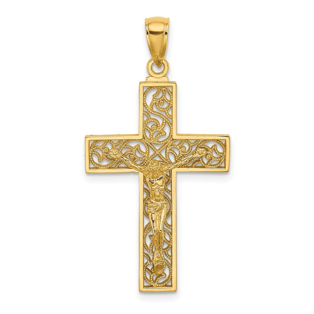 14K Textured Swirl Design Crucifix Charm