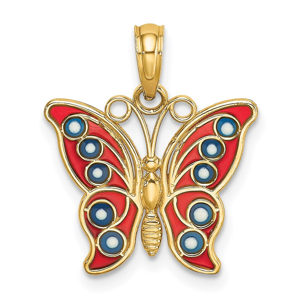 14K w/ Red and Blue Enamel Filigree Butterfly Charm