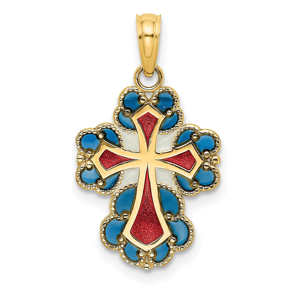 14K Blue, White and Red Enameled w/ Lace Trim Cross Charm