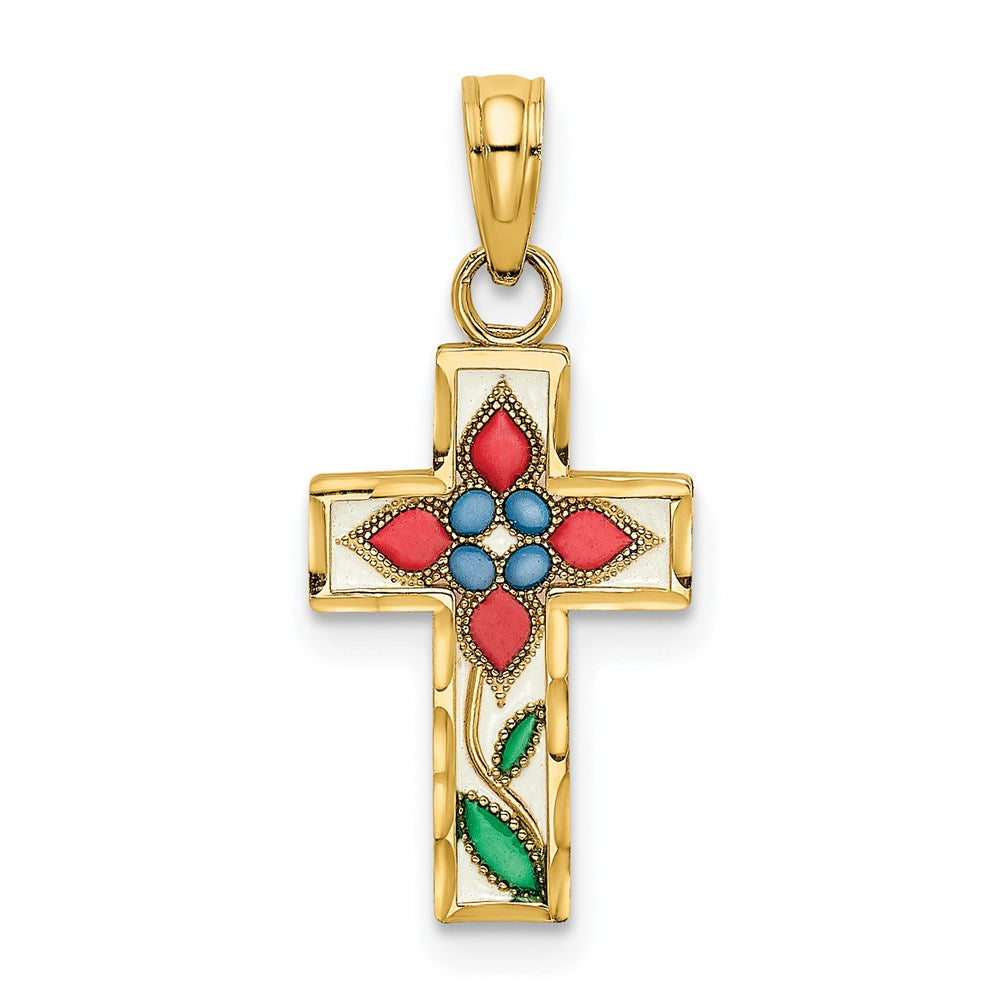 14K Enameled W/ Flower Cross Charm