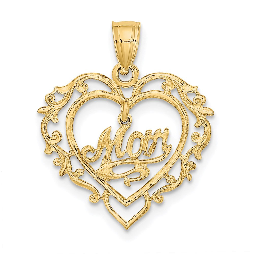 14K Polished MOM Dangle in Fancy Heart Pendant