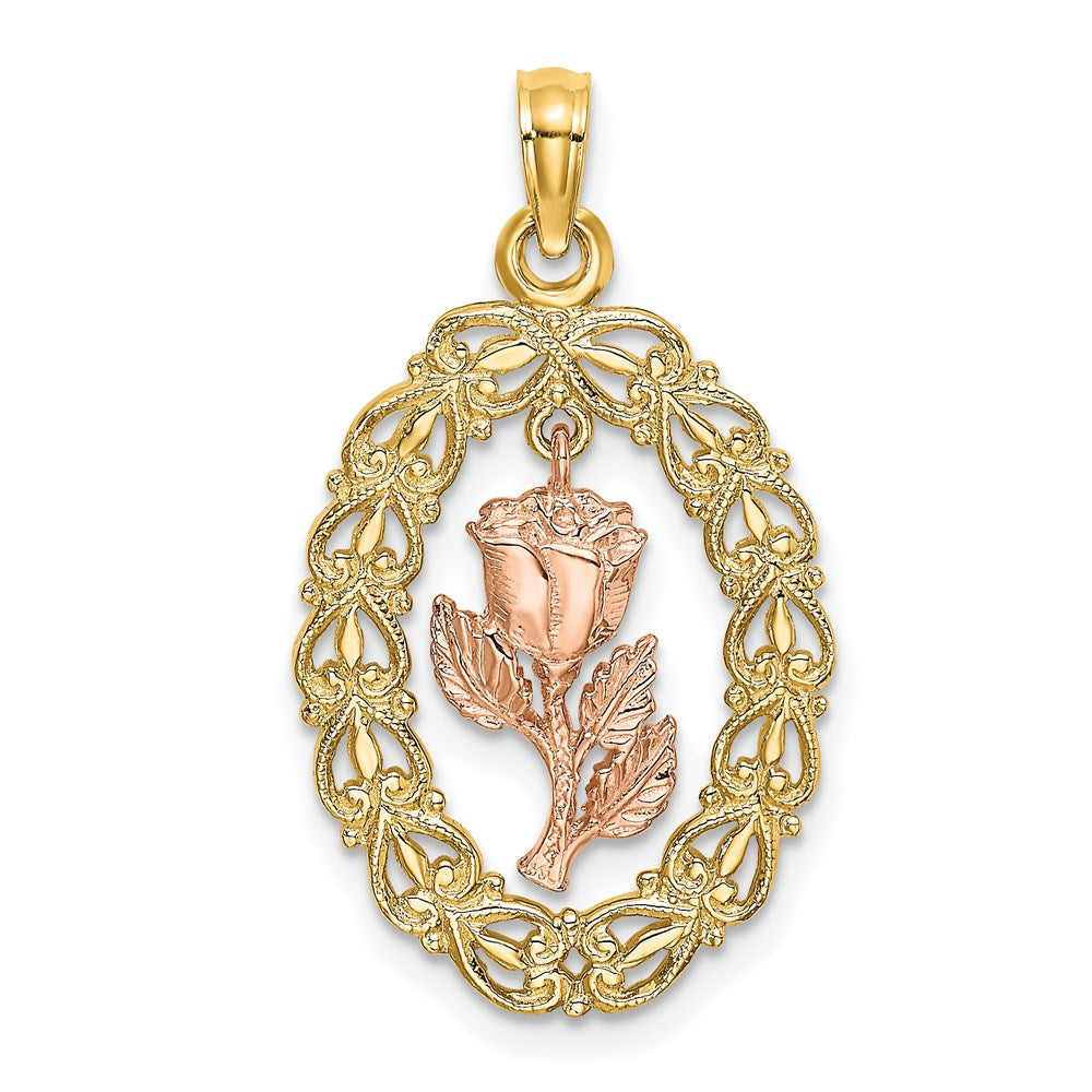 14k Two-Tone Textured Oval Frame Dangling Rose Charm