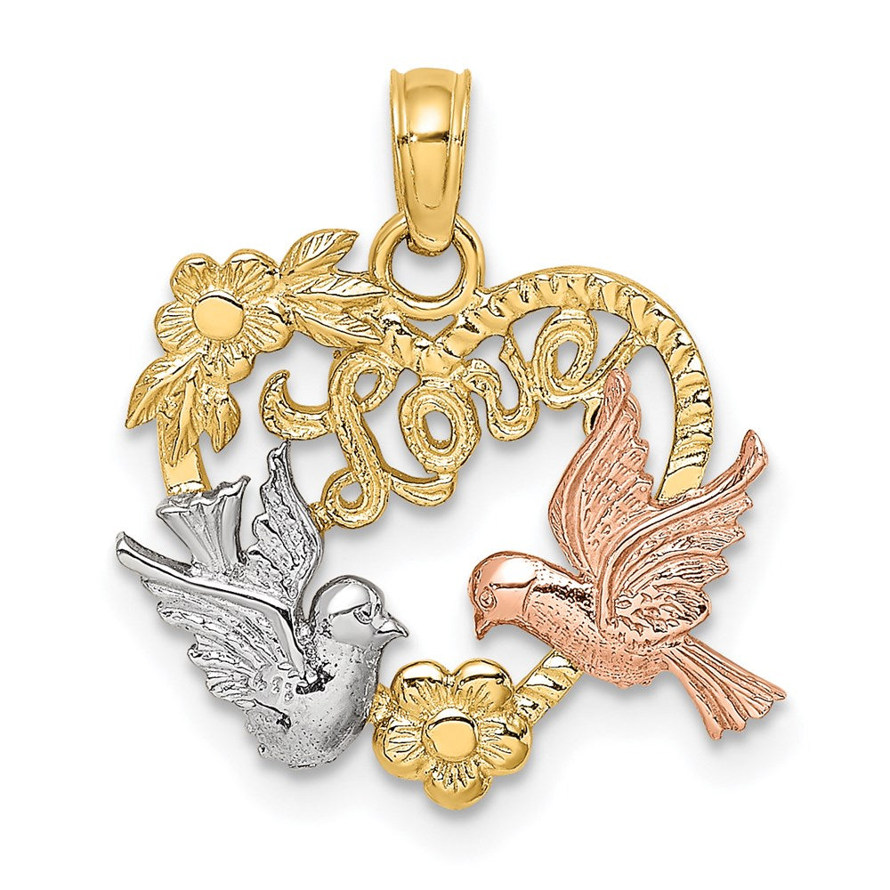 14k Yellow and Rose Gold w/Rhodium LOVE w/Doves Heart Charm