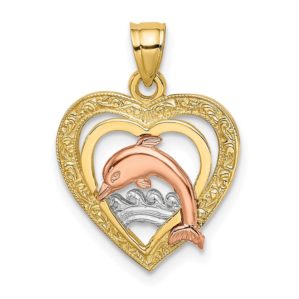 14K Two-tone w/White Rhodium Dolphin In Heart Charm