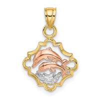Load image into Gallery viewer, 14k Two-tone with White Rhodium Double Dolphins In Frame Charm
