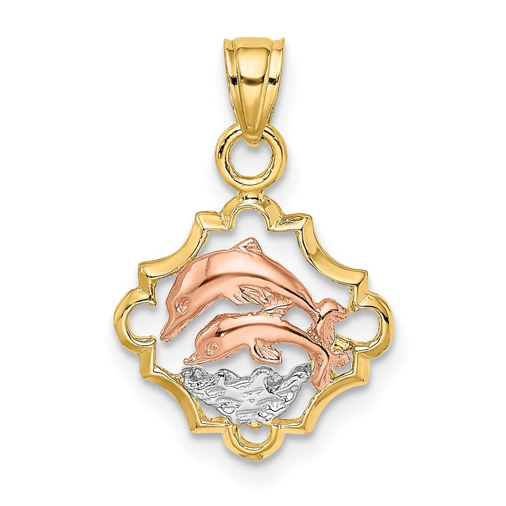 14k Two-tone with White Rhodium Double Dolphins In Frame Charm
