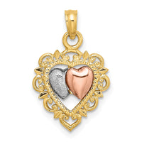 Load image into Gallery viewer, 14k Yellow and Rose Gold w/White Rhodium Textured Hearts Charm
