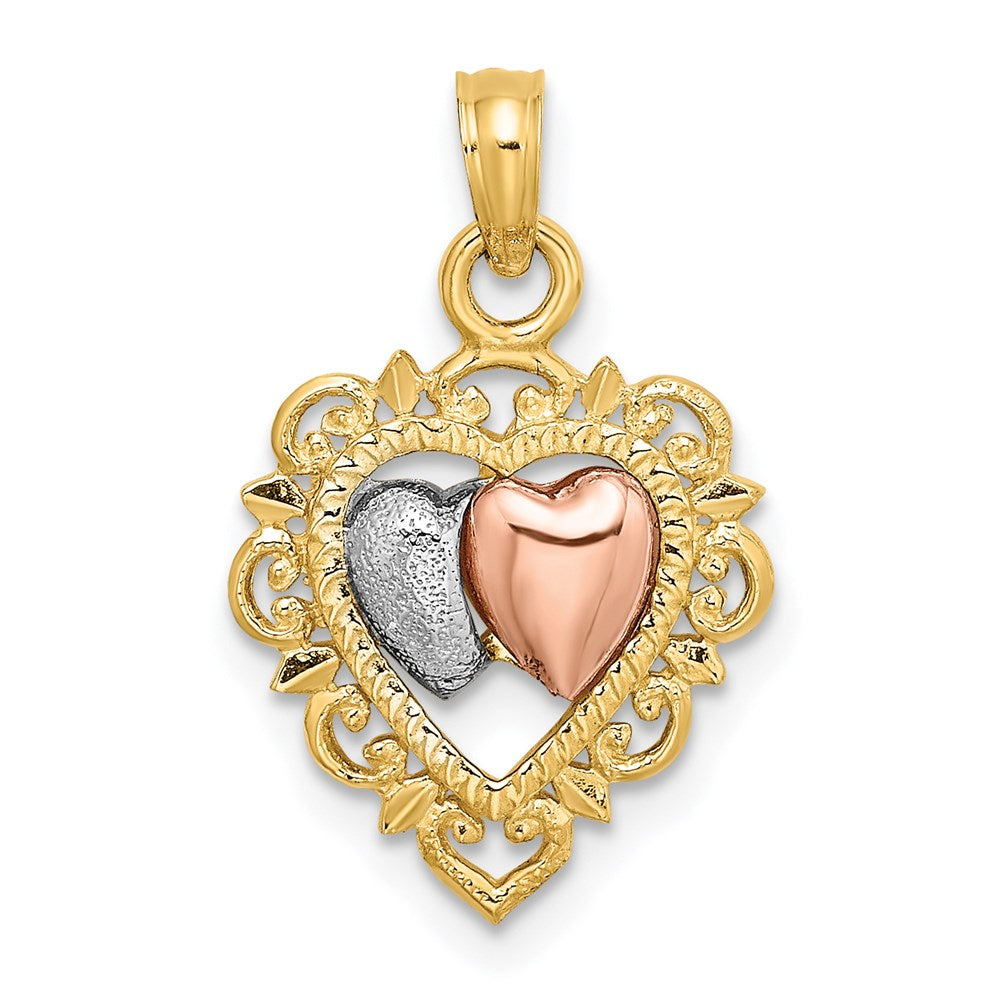 14k Yellow and Rose Gold w/White Rhodium Textured Hearts Charm