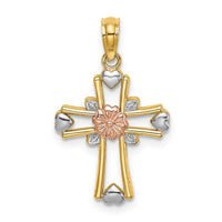 Load image into Gallery viewer, 14K Two-tone w/White Rhodium Cross w/Flower and Heart Charm

