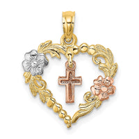 Load image into Gallery viewer, 14K Two-tone w/White Rhodium Heart w/Cross and Flowers Charm
