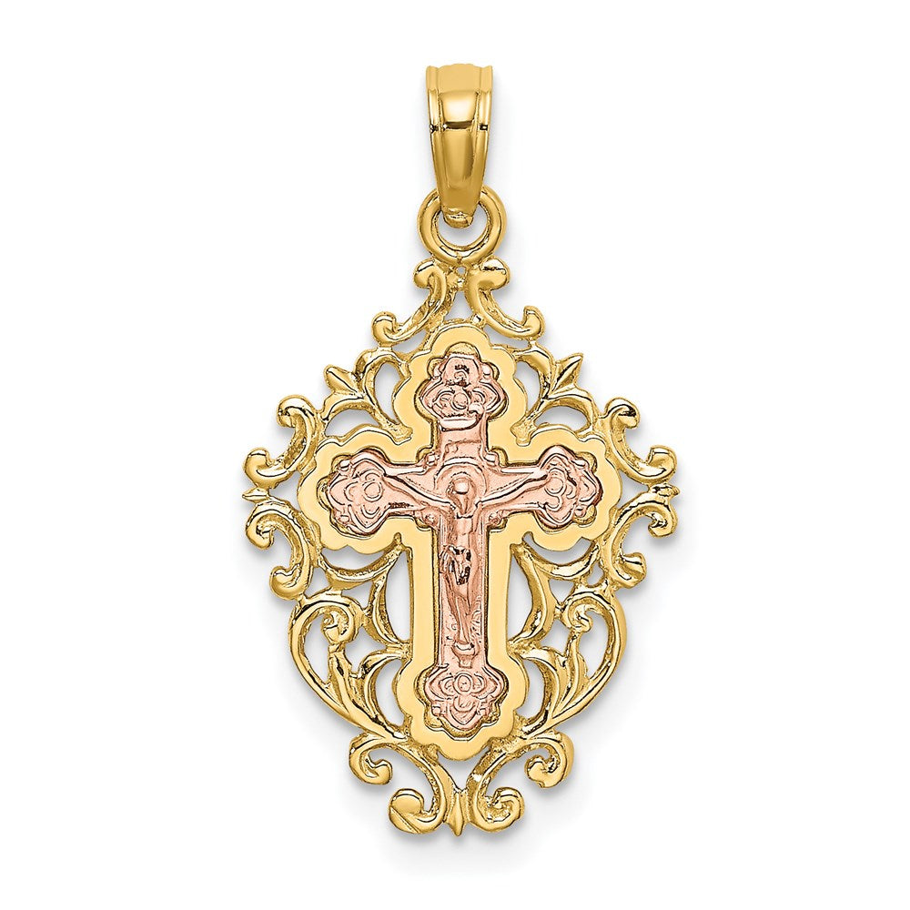 14k Two Tone w/ Lace Trim Crucifix Charm