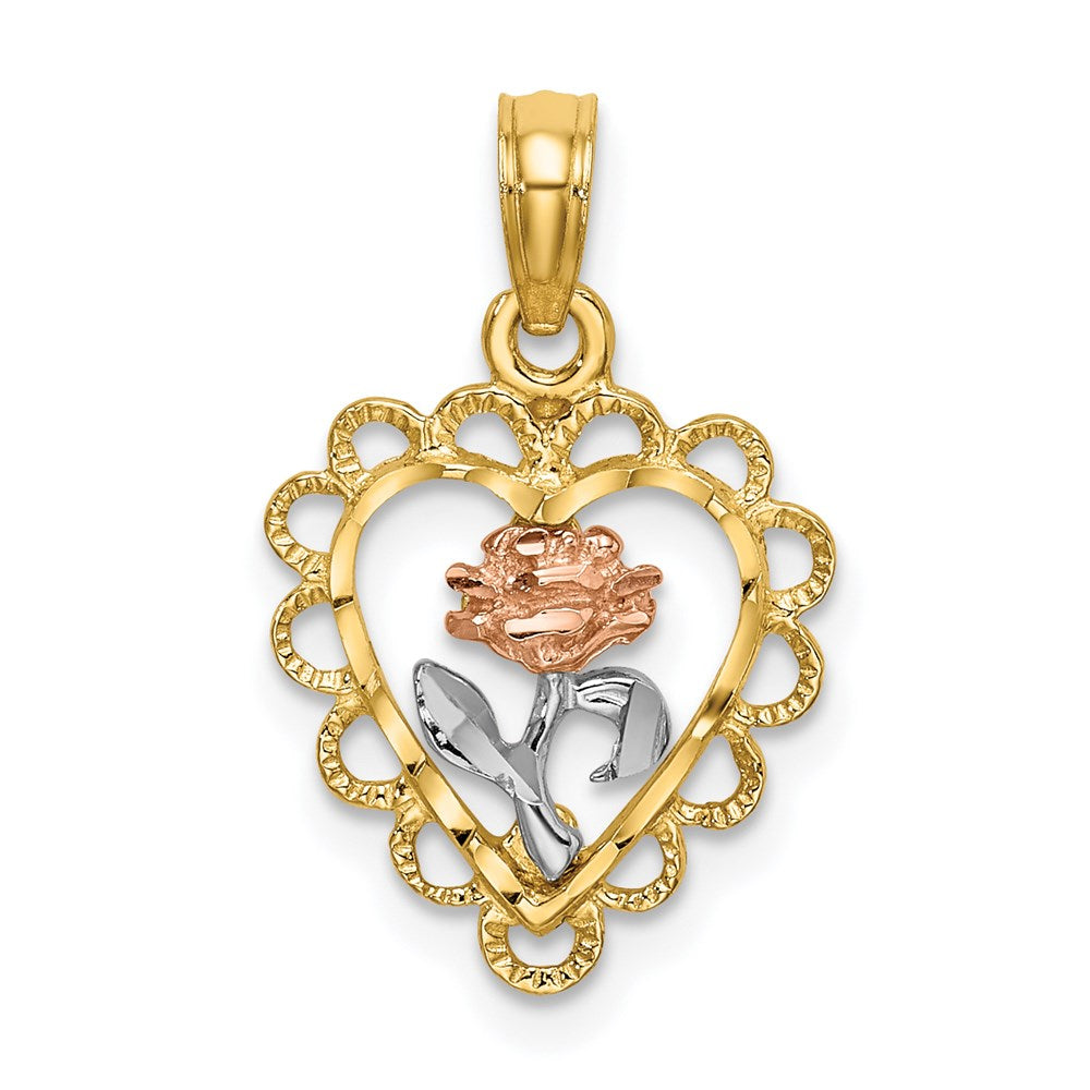 14k Two-tone White Rhodium Heart w/ Rose and Lace Trim Charm