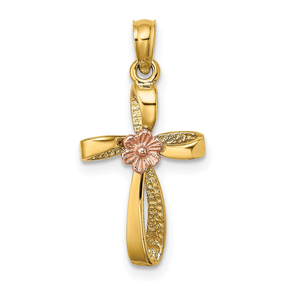 14k Two-Tone Twisted Cross w/ Heart Charm