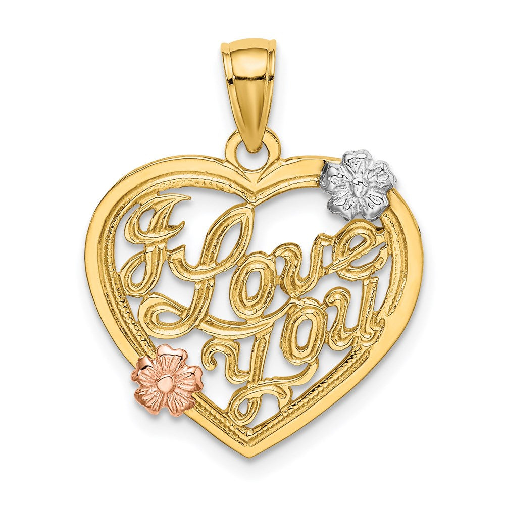 14k Two-tone w/White Rhodium I LOVE YOU Heart w/Flowers Charm