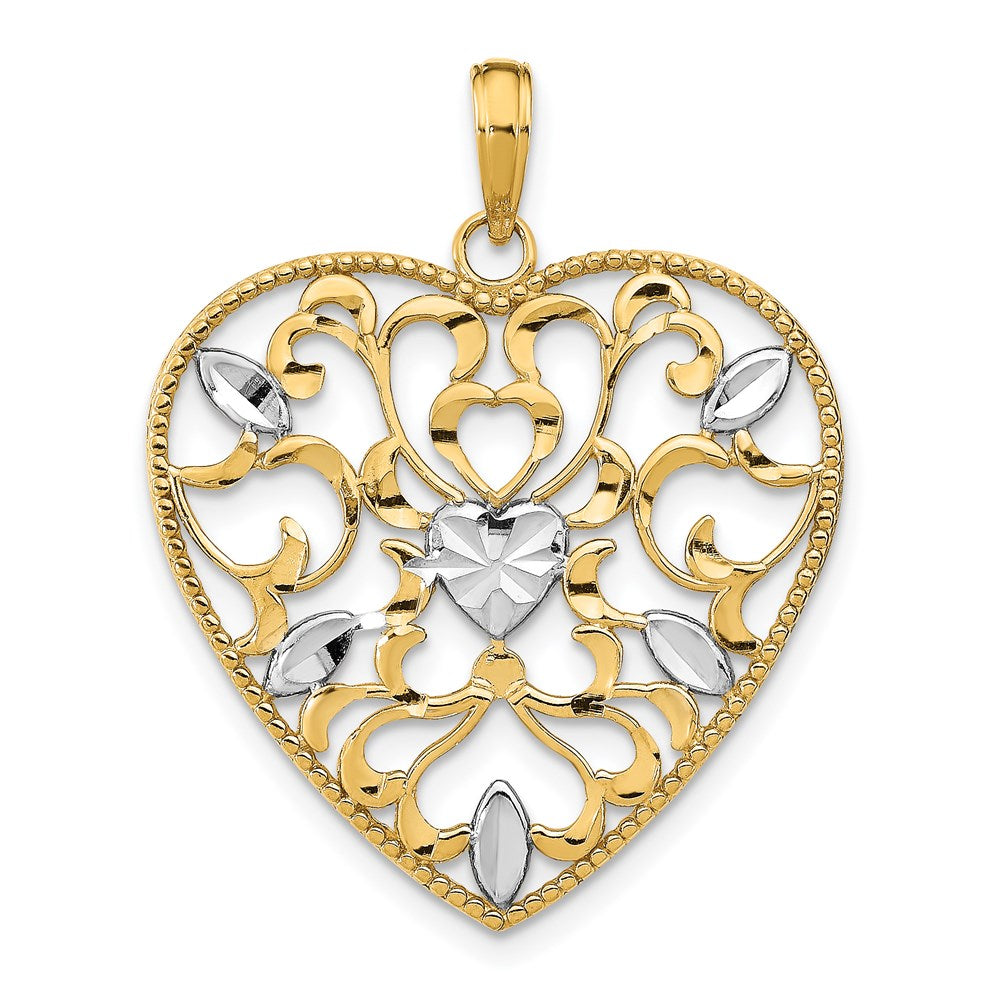 14k w/Rhodium Filigree Leaf Accent Heart Charm