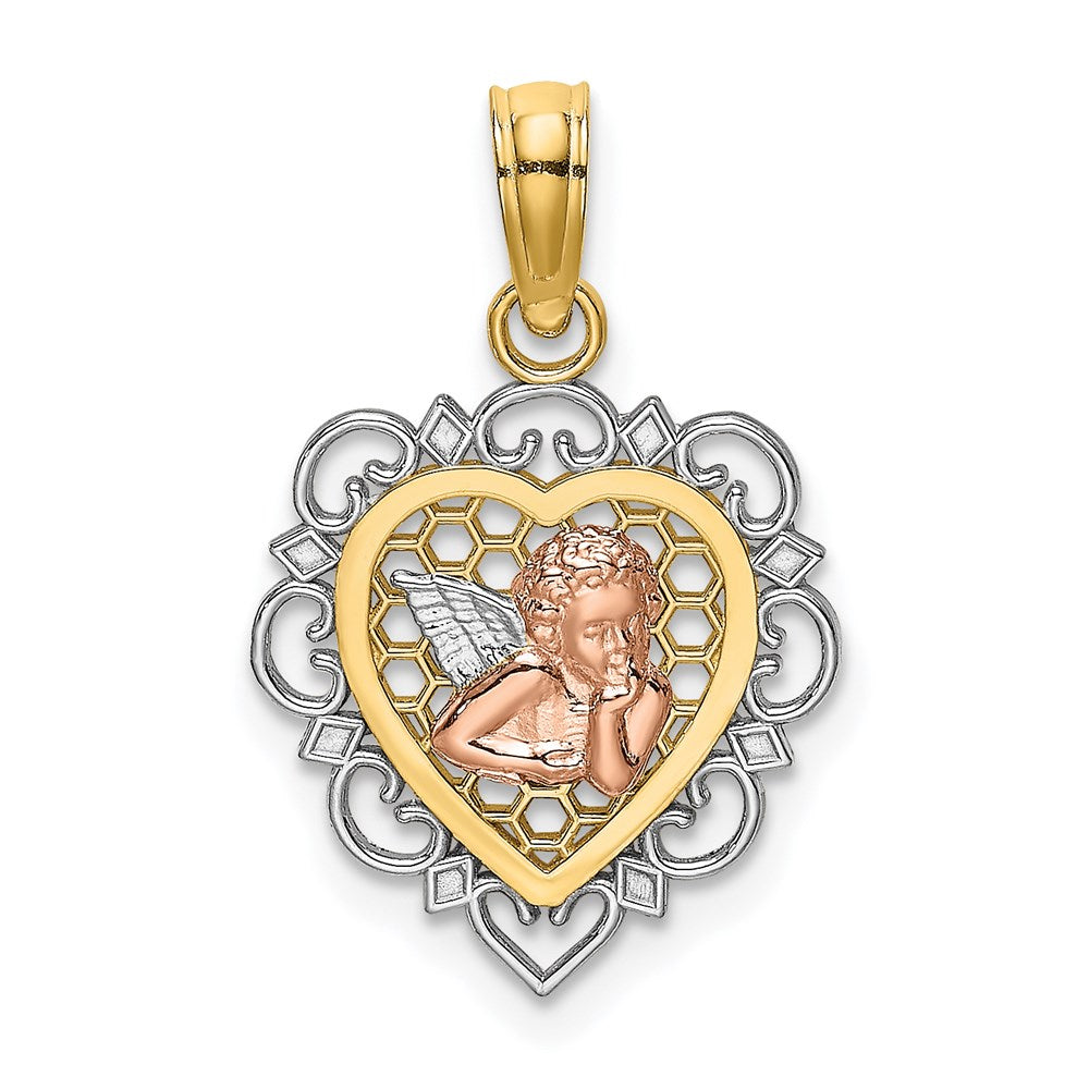 14K Two-tone w/White Rhodium Small Angel In Heart Charm