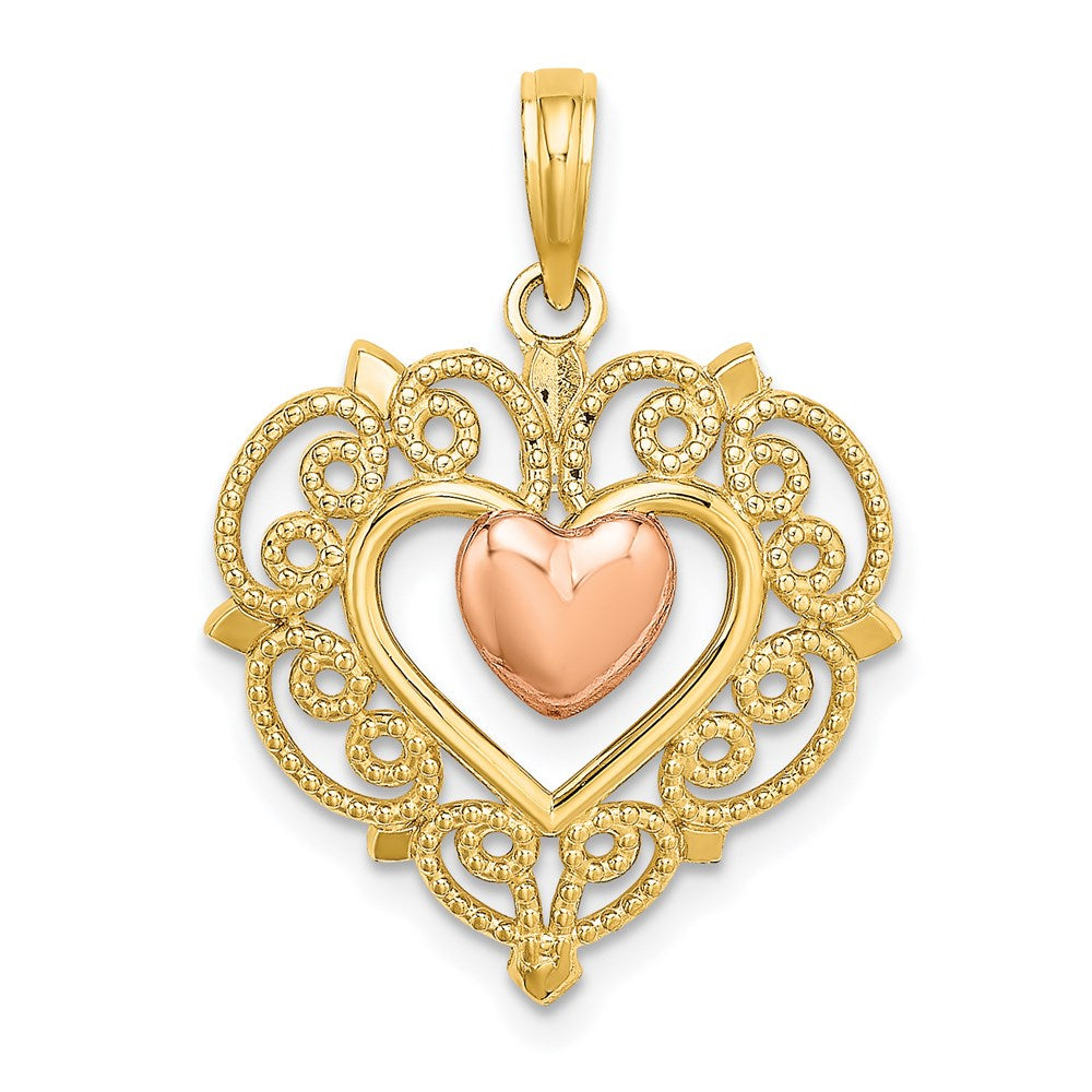 14k Yellow and Rose Gold Heart w/ Lace Trim Charm
