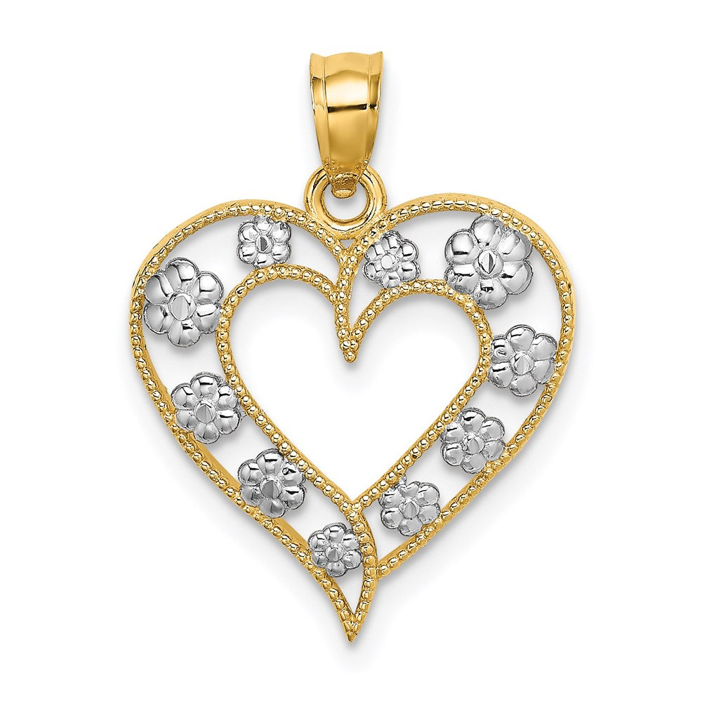 14k Two-Tone Textured Cut-Out Heart w/ Flowers Charm