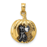 Load image into Gallery viewer, 14k w/Rhodium 3-D Jack-o-Lantern w/Enameled Black Cat and Moon Charm

