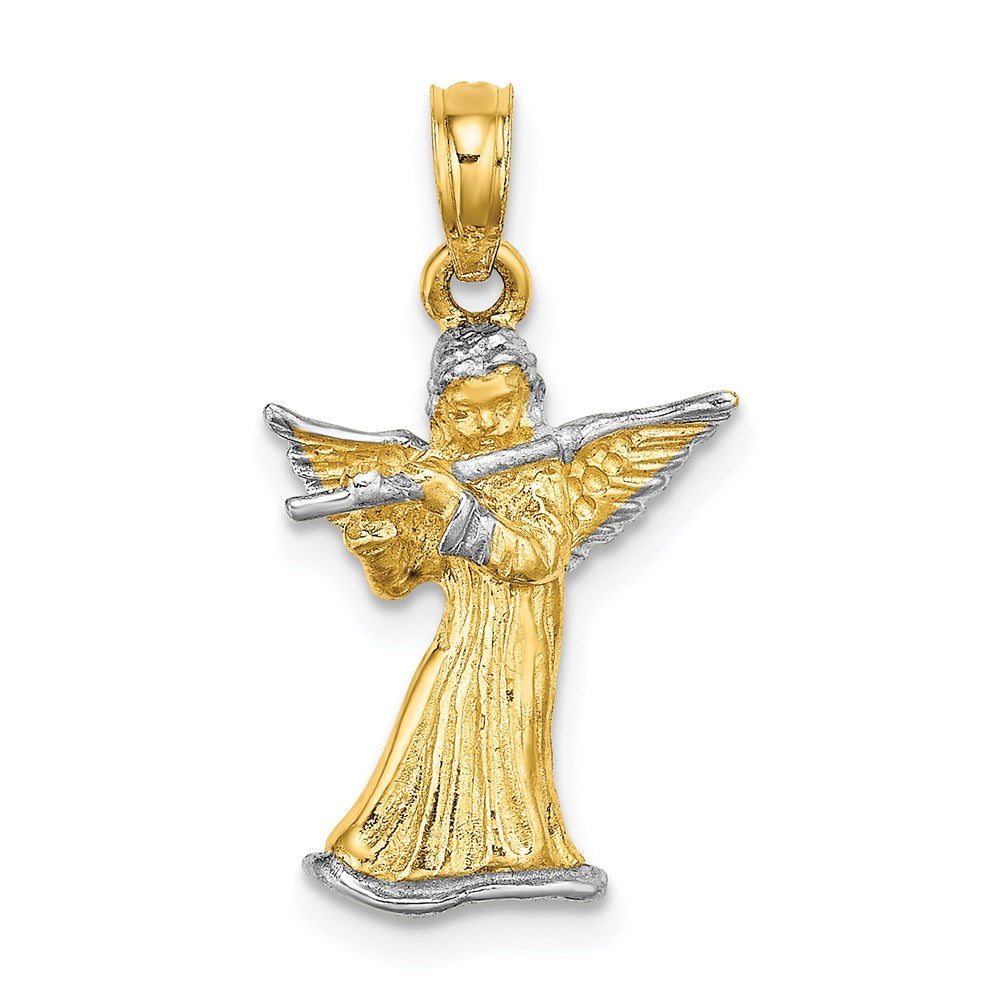 14k w/ White Rhodium 3-D Angel Playing Flute Charm