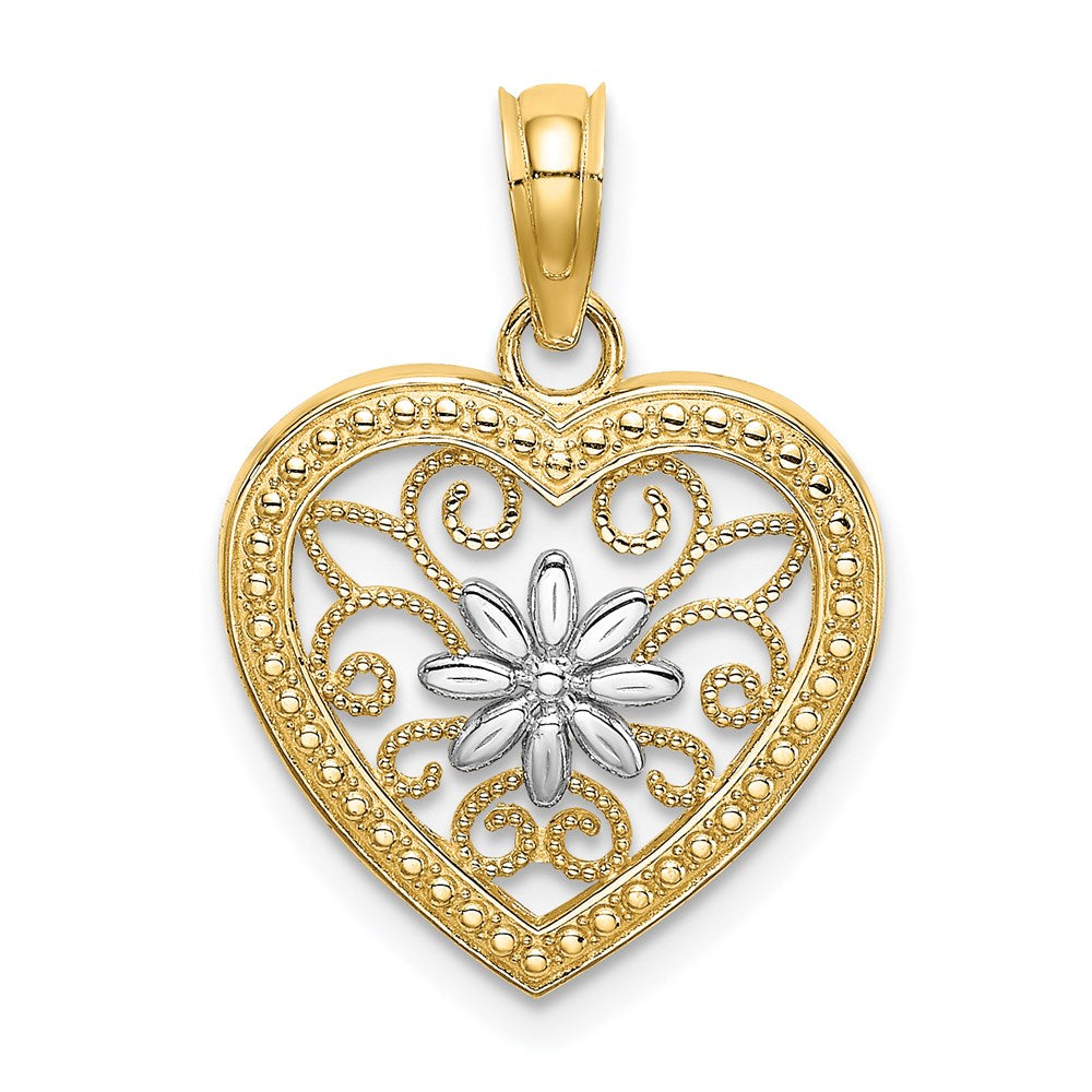 14k w/ Rhodium Textured Heart Flower Filigree Charm