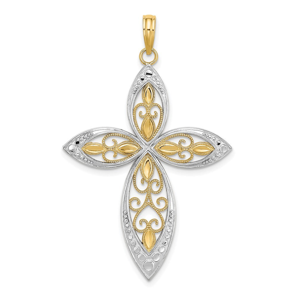 14K W/ Rhodium Beaded Filigree Cross Charm