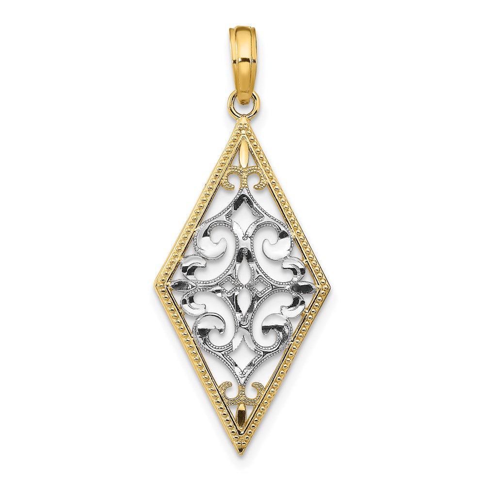 14K w/Rhodium Diamond Shape Cut-Out Filigree Charm
