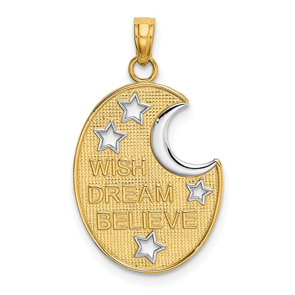 14k w/ Rhodium WISH DREAM BELIEVE Moon and Stars Charm